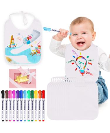 Abnaok Bibs for Painting Set 12 Pieces Waterproof Baby Shower Bib Painting Set with 12 Colorful Textile Pens 25 Pieces