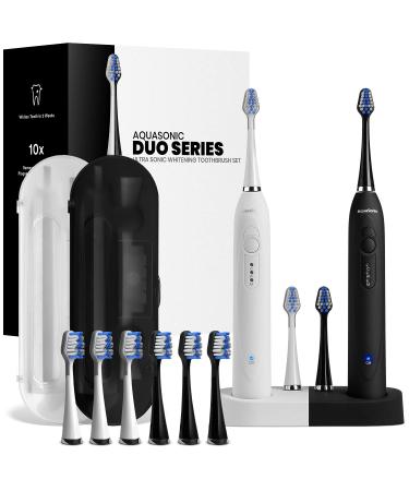 AquaSonic Duo Dual Handle Ultra Whitening 40,000 VPM Wireless Charging Electric ToothBrushes - 3 Modes with Smart Timers - 10 Dupont Brush Heads & 2 Travel Cases Included