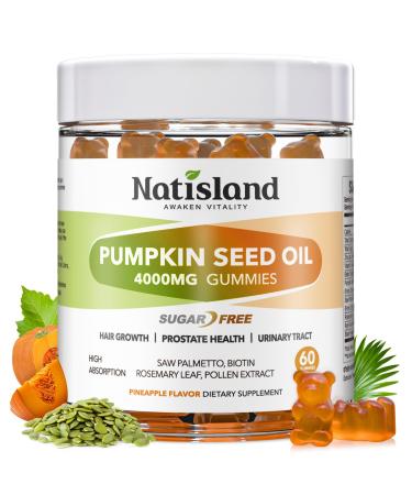 NATISLAND Pumpkin Seed Oil Gummies with Saw Palmetto Cold Pressed Pumpkin Seed Oil Supplement for Hair Growth Prostate Health & Urinary Tract Support Sugar Free Vegan Pineapple Flavor 60 Count
