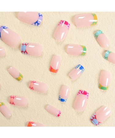 Colorful French Tip Press on Nails - Medium Square Fake Nails with Bubble Pattern | 24Pcs Reusable Acrylic Nails for Women and Girls - Buy Online on GoSupps.com