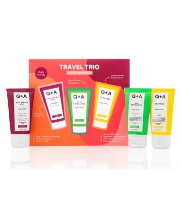 Q+A Travel Trio Body Care Giftset containing a Hyaluronic Acid Body Wash AHA Exfoliator Body Scrub and a Ceramide Body Lotion each item 50ml