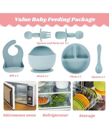 Baby Feeding Sets Silicone 6Pcs Baby Plates with Suction BPA Free Self Feeding Set Bowl&Divided Plate&Adjustable Bib&Soft Spoon&Fork for Babies and Toddlers - Easy Wipe Clean (Blue) - Buy Online on GoSupps.com