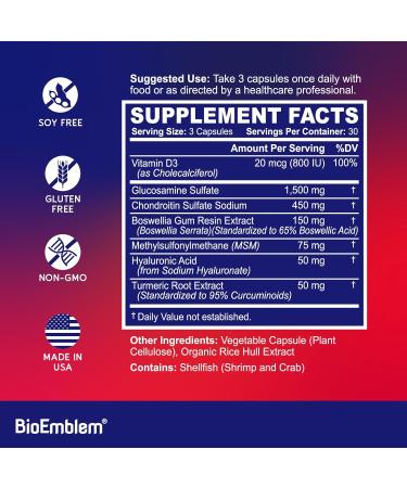 BioEmblem Joint Support - Glucosamine Chondroitin + MSM 1500 MG - with Boswellia Turmeric & Hyaluronic Acid - Joint Health Supplement Mobility Flexibility Cartilage - Non-GMO - 90 Caps - Buy Online on GoSupps.com