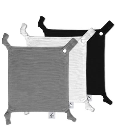 Baby Luxe 5-in-1 Mini Muslin Square Bib Toy Holder Washcloth Comforter - With Clip Attachment For Baby Bag Pacifiers Teething Toys and More (Set of 3: Grey Black White) 23_23_cm Grey Black White