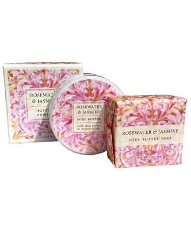 Greenwich Bay ROSEWATER JASMINE 3 Piece Beauty Gift Set of : BODY BUTTER SPA SOAP and DUSTING POWDER