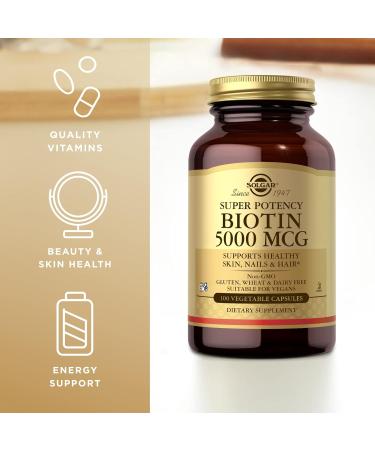 Solgar Biotin 5000 mcg - 100 Vegetable Capsules - Supports Healthy Skin Nails & Hair - Non-GMO Vegan Gluten Free Dairy Free Kosher - 100 Servings 1 Count (Pack of 100) - Buy Online on GoSupps.com