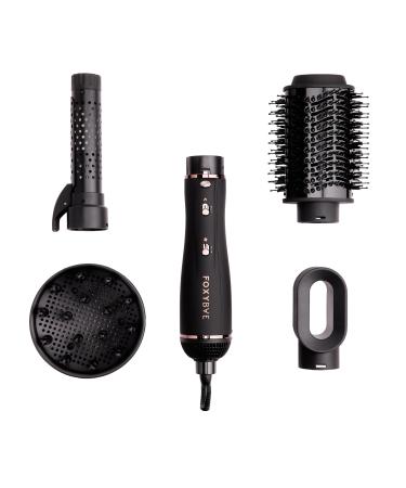 Foxybae Super Styler – 4-in-1 Blow Dryer Brush Set - Diffuser Blowout Brush 1.25” Curling Barrel & Drying Cylinder - Voluminous Frizz-free Hair - Blow Dryer Straightener & Curler [Black Rose-Gold] 4-in-1 Super Styler Black - Rose Gold