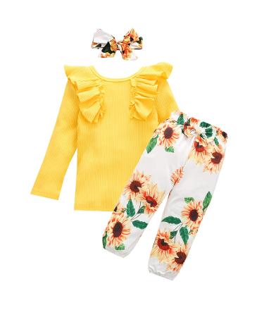 OFIMAN Toddler Baby Girl Outfits Clothes Sets Little Kids Long Short Sleeve Ruffle Tops + Floral Pants + Bow Headband Fall 18-24 Months Long-yellow