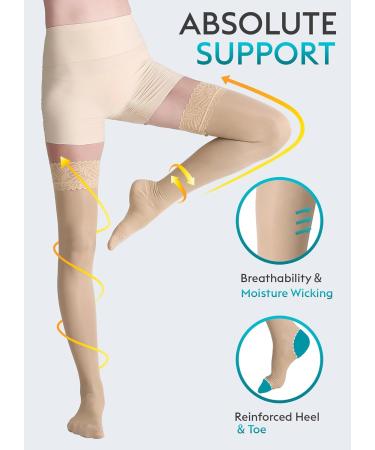 AMZAM Thigh High Sheer Compression Stockings for Women - 15-20 mmHg Graduated Support Socks - Closed Toe with Lace Silicone Band - Ideal for Work Travel & Office - Beige Small - Buy Online on GoSupps.com