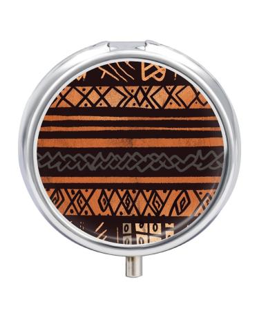 Round Pill Box African Mud Cloth Tribal Print 3 Compartment Medicine Pill Case Print Pill Organizer Decorative Metal Portable Pill Box Pocket Pill Box