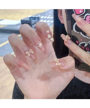 Nude colored pearl bow hand worn nail ladder wearable nail patch detachable fake nails 10pcs (Size : M)