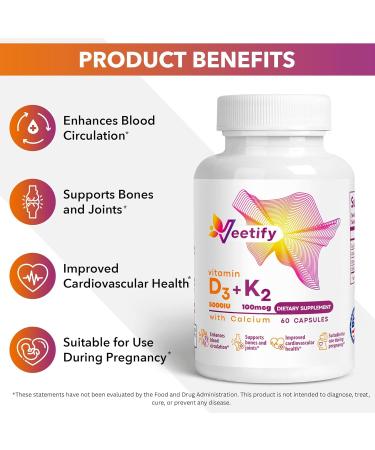 Veetify Vitamin D3 (5000 IU) + K2 (100 mcg as MK-7) with Calcium High Absorption Supplement for Bone Heart & Immune Health 60 Veggie Capsules - Buy Online on GoSupps.com