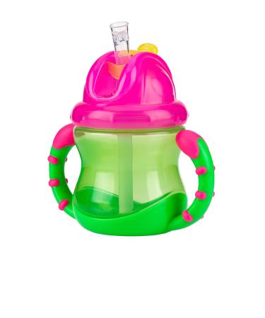 Nuby Two-Handle Flip N' Sip Straw Cup  8 Ounce  Green with Pink