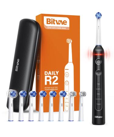 Bitvae R2 Rotating Electric Toothbrush for Adults with 8 Brush Heads Travel Case 5 Modes Rechargeable Power Toothbrush with Pressure Sensor 3 Hours Fast Charge for 30 Days Black