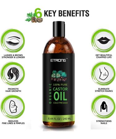 Organic Castor Oil for Hair Growth & Skin - Cold Pressed Pure Formula (240ml) + 1 Set of Eyebrow & Eyeliner Brushes | Natural Beauty Essential - Buy Online on GoSupps.com