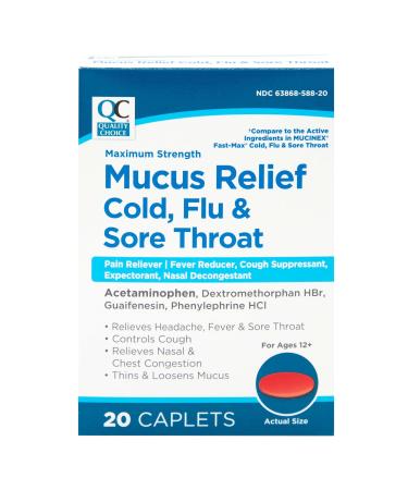 Quality Choice Mucus Relief Cold Flu & Sore Throat 20 Caplets Each (1)