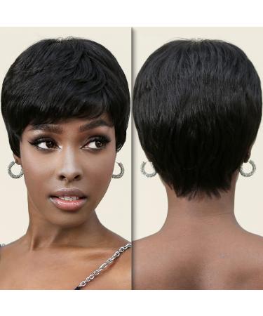 ALANHAIR Pixie Cut wig Human Hair Short Wigs for Black Women Glueless 100% Real Human Hair High Completion Hairstyle Easy to Take Care of(BLACK)