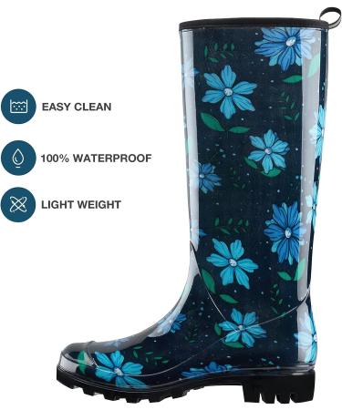 HISEA Women's Knee High Rain Boots - Waterproof Garden Wellies in Flower Blue - Buy Online on GoSupps.com