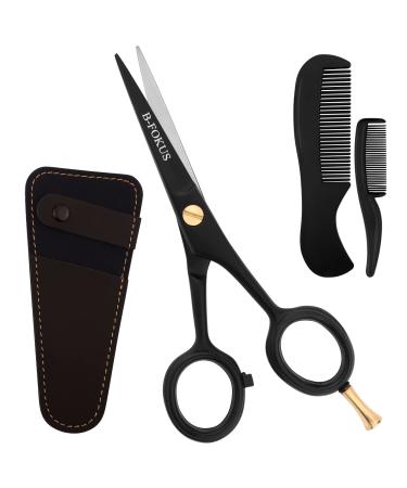 B-FOKUS Professional Mustache Scissors, 4.5 Inches Black German Stainless Steel Mustache & Beard Scissors, Beard Kit for Men with PU Leather Case and Comb Set, Perfect Facial Hair Grooming Kit.