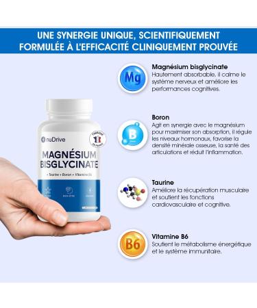 Magnesium Bisglycinate + Boron & Taurine & Vitamin B6-300mg/dose - Highly absorbable - Anti-stress/fatigue - Bone health - Hormonal balance - 100% French - 30 Day Cure - Buy Online on GoSupps.com
