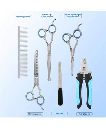 Topgoose 6-Piece Dog Grooming Scissors Set with Safety Round Tip - Professional Tools for Pet Cats Dogs - Curved, Thinning, Straight Scissors, Comb, Nail Clipper, Nail File - Buy Online on GoSupps.com
