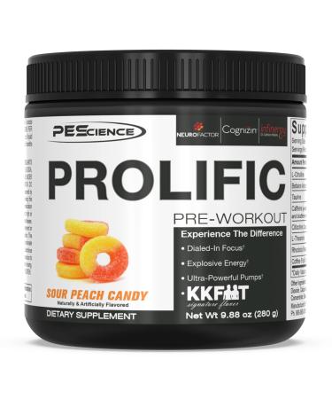 PEScience Prolific Pre Workout Powder, Sour Peach Candy, 40 Scoop, Energy Supplement with Nitric Oxide, KK Fit Signature Flavor