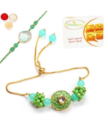 Ghasitaram Gifts Rakhis Online - Rakhi for Brother-T-12 Green Stone Bhaiya Bhabhi Rakhi with 200 GMS of Besan Barfi Rakhi Set with 200 gms of Besan Barfi