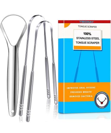 Tongue Scraper 3 Pack 100% (Medical Grade) Professional Stainless Steel Tounge Scrappers Tongue Cleaner Great for Banishes Bad Breath and Maintains Oral Care/. Silver