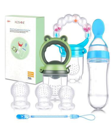 Baby Food Feeder Set Silicone Rattle Fruit Pacifier 125ml Squeeze Spoon Infant Teething Feeding Supplies (Blue)