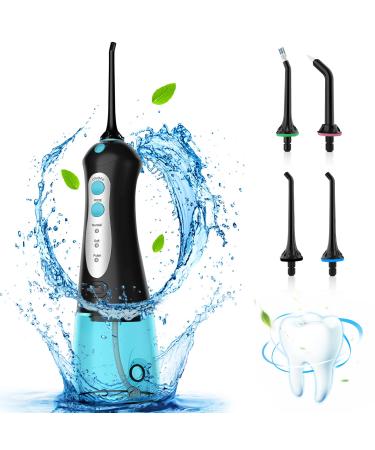 Water Flosser Cordless Oral Irrigator: Portable Water Flossers for Teeth with 300ML Detachable Tank, Rechargeable IPX7 Waterproof Water Teeth Cleaner Picks with 3 Mode 4 Tips for Family Travel Black