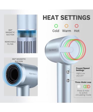 High Speed Ionic Hair Dryer - 200M Negative Ions Low Noise Silver Blue with Diffuser & Anti-Flight Nozzle - Buy Online on GoSupps.com