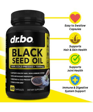 Black Seed Oil Capsules - Vegan Cold Pressed Nigella Sativa for Skin & Hair Health | Halal 500mg - 60 Softgels - Buy Online on GoSupps.com