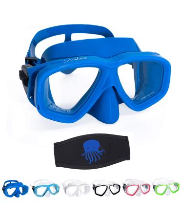 OMGear Goggles Kids Swimming Silicone Swim Mask Snorkeling Gear for Kids Tempered Glass Snorkel Goggles with Nose Cover Scuba Diving Goggles with Cute Neoprene Mask Strap Cover Blue