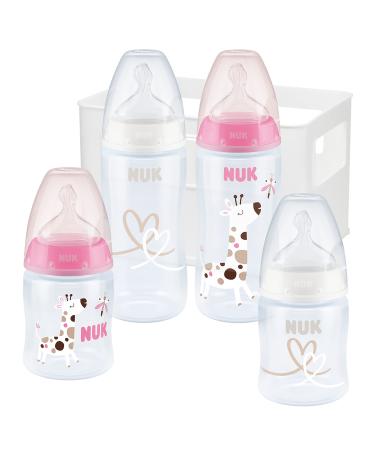 NUK First Choice+ Baby Bottle Starter Set | 0-6 Months | 4 Bottles with Temperature Control & Bottle Box | Anti-Colic Air System | BPA Free | 5 Pieces | Pink Pink Giraffe Single