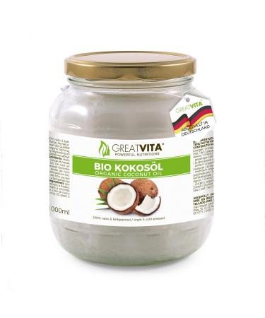 GreatVita Organic Coconut Oil virgin 1000 ml in a glass jar for cooking baking skin care hair care 1000 ml (1 jar) - Buy Online on GoSupps.com