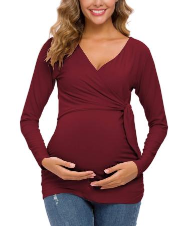 Love2Mi Maternity Nursing Top - Long Sleeve V-Neck Maternity Clothes in Wine Red - Buy Online on GoSupps.com