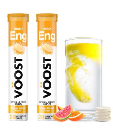 VOOST Caffeine Energy Drink Supplement with Vitamin B Complex Effervescent Vitamin Drink Tablet No Sugar + Low Calorie Blend Orange Mango Flavor 40 Count