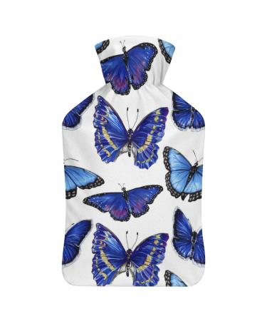Blue Butterfly Hot Water Bottle With Cover Plush Bed Bottle Hand Warmer For Adults And Children 26.5X15.3cm