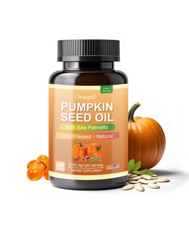Oeaqeff Pumpkin Seed Oil with Saw Palmetto Cold Pressed Capsules 2-in-1 Formula for Hair Growth Prostate & Bladder Support Heart Health | 300 Softgels Non-GMO Soy & Gluten Free (1)