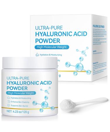 Pure Hyaluronic Acid Serum Powder for Skin & Face 120G High Molecular Weight Anti Aging Hyaluronic Acid serum Water Soluble Fine Powder Gluten Free Non-GMO- Includes Scoop