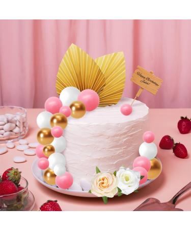 Izoel Boho Cake Topper - Happy Birthday Wooden Decoration with Palm Leaves & Flowers | Perfect for Weddings Baby Showers & Parties - Pink Mini Ball Decor - Buy Online on GoSupps.com