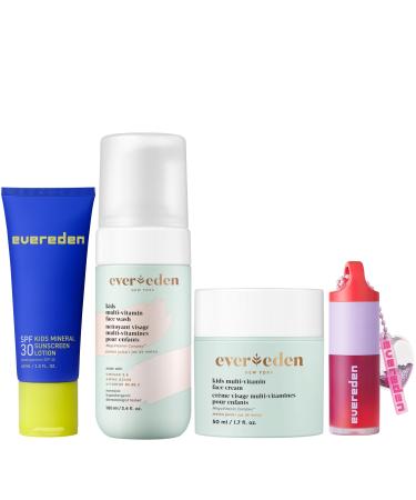 Evereden Daily Routine Set & Non-Toxic Lip Gloss: Clean & Vegan Skin Care for Kids - Nourishing Tween Skincare with Multi-Vitamin Face Wash Face Cream SPF 30 Sunscreen & Tinted Lip Gloss