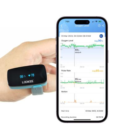 LOOKEE Ring Continuous Pulse Oximeter | Wearable Oxygen Monitor with Vibration Reminder for Low O2 | Rechargeable Blood Oxygen Saturation Tracker for SpO2 & PR - Free APP with Reports