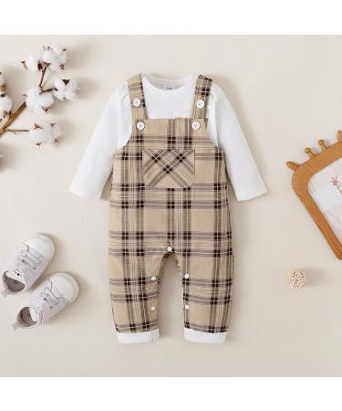 Puseky Baby Boy 3-6 Months Clothes Set | Long Sleeve Romper with Plaid Suspenders Overall Pants | Spring Fall Outfits in White - Buy Online on GoSupps.com