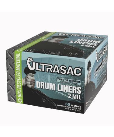 Ultrasac Heavy Duty 55-60 Gallon Trash Bags - (Large 50 Pack/w Ties) - 2 MIL Industrial Strength Plastic Drum Liners 38" x 58" Professional Black Garbage Bags for Construction, Contractors Black 2.0 MIL Bags