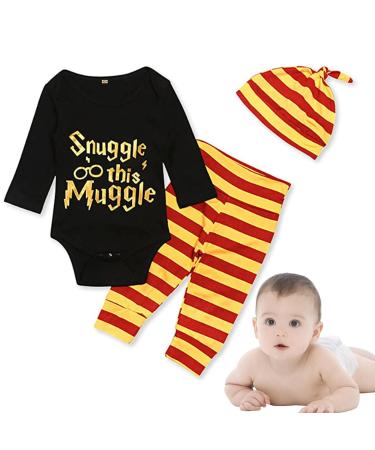 Baby Boys Girls Snuggle This Muggle Bodysuit and Striped Pants Outfit with Hat 6-9 Months Black Long Sleeve