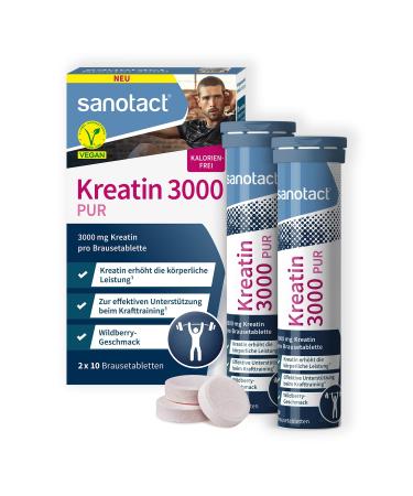 Sanotact creatine 3000 pure (20 effervescent tablets) Pure creatine monohydrate for muscle building & strength training 3000mg creatine per tablet Pre workout booster laboratory test & Vegan Wildberry 20 pieces