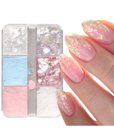 Nail Art Glitter Sequins 1Box 6Grids Holographic Iridescent Glitter Flakes Nail Art Magic Mirror Effect Mermaid Nail Art Pigment Powder Chrome Nail Powder for Nail Art Design Decoration Nail Powder D