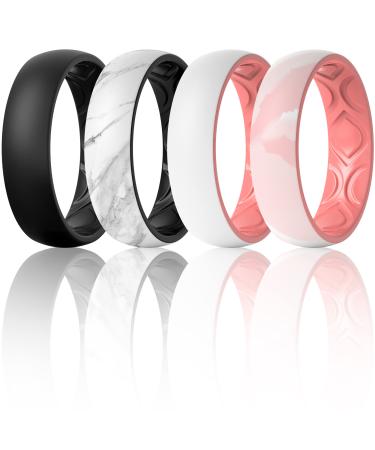 ThunderFit Silicone Wedding Bands for Women Breathable 2 Layers 5.5mm Wide 1.5mm Thick - 1/4/8/10 Variety Multipack Pack G: Black-White Marble-Black White-Light Red Pink Marble-Light Red 6.5 - 7 (17.35mm)