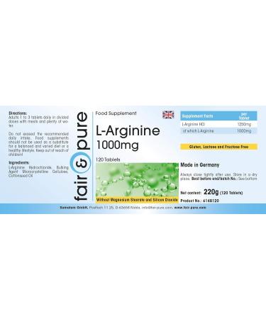 Fair & Pure L-Arginine 1000mg High-Dose Supplement - 120 Tablets - Buy Online on GoSupps.com